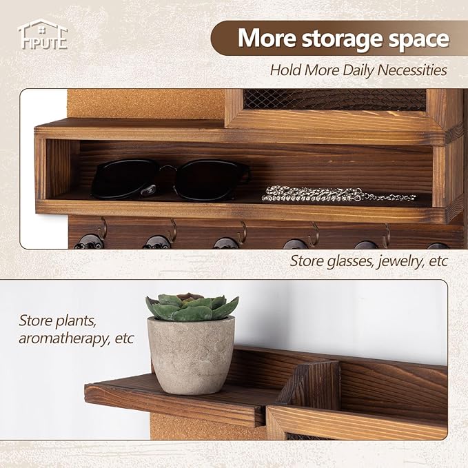 Key Holder for Wall with Mail Organizer,Farmhouse Mail and Key Holder for Wall,Key Hanger with ‌Metal 11 Hooks,Corkboard,and Shelf,Decorative Natural Pine Wood Entryway Organizer,14.6*11.1*3.3”,Brown
