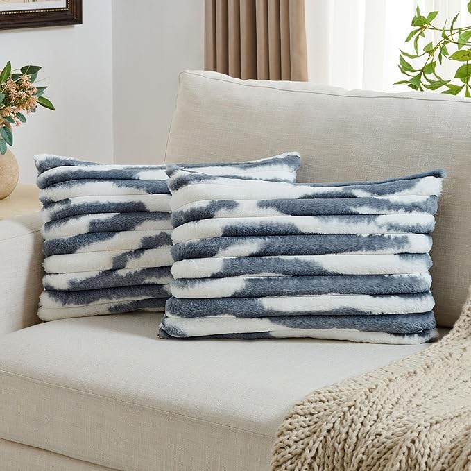 FUTEI Blue Decorative Throw Pillow Covers 12x20 Inch Set of 2, Soft Tie-Dye Faux Rabbit Fur Striped Texture Pillow Case, Modern Home Decor for Couch Bed Living Room