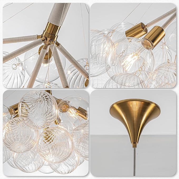Longree Mid-Century Bubble Chandelier White and Gold 6 Lights Dia 24" Swirled Glass Chandeliers Pendant Light for Kitchen Island, Bedroom, Dining Room
