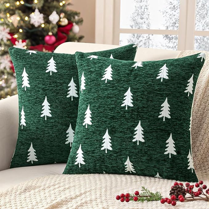 MIULEE Christmas Decorative Chenille Throw Pillow Covers, 18x18 Inch, Green White Tree, Set of 2 Cute Trees with Plaid Patterns Pillows for Sofa Couch Bedroom Chair Xmas Home Decor