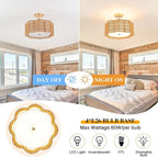 Plum Blossom Ceiling Light & Rattan Chandelier with Fabric Shade(16.5" 4•Light) | √UL-Listed Flush Mount & Fire-Safe PC Panels for Boho Kitchen Islands | Modern Farmhouse Dining Room Lighting