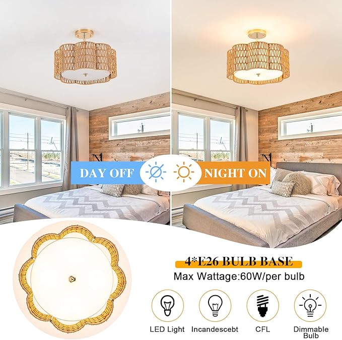 Plum Blossom Ceiling Light & Rattan Chandelier with Fabric Shade(16.5" 4•Light) | √UL-Listed Flush Mount & Fire-Safe PC Panels for Boho Kitchen Islands | Modern Farmhouse Dining Room Lighting