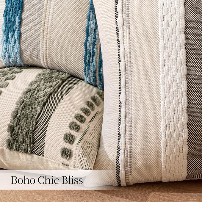 ANRODUO Pack of 2 Boho Decorative Throw Pillow Covers 18x18 Farmhouse Cushion Case Striped Chenille Pillow Cases Square Pillow Covers Accent Neutral Pillowcase for Sofa Couch Bed Fall, White Stripe