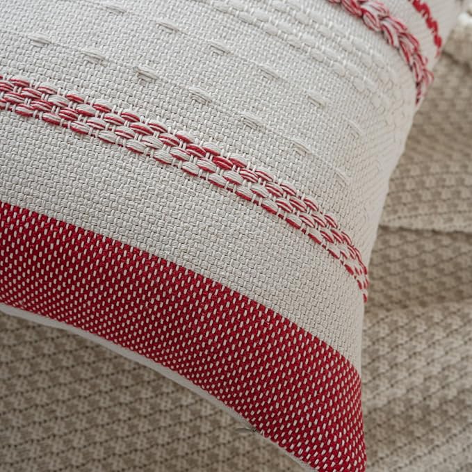 Christmas Pillow Covers 20x20 Inch Set of 2, Red Textured Boho Christmas Decorative Couch Pillow Cases for Farmhouse Home Decor, Accent Cushion Cover for Sofa, Bed, Living Room, Bedroom