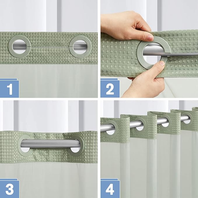Furlinic Waffle Weave No Hook Shower Curtain with Snap in Liner,Honeycomb Textured Bathroom Curtains with See Through Top Window,Waterproof & Machine Washable,Hotel Quality,Sage Green,71x84 Inch