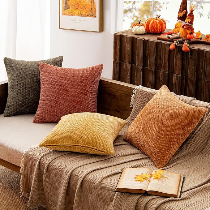 MIULEE Pack of 4 Fall Orange/Yellow Couch Throw Pillow Covers 18x18 Inch Halloween Soft Decorative Chenille Pillows Farmhouse Accent Cushions for Boho Home Decor Spring Sofa Bedroom Living Room