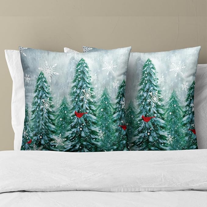 Winter Pine Trees Pillow Covers 22x22 Set of 2, Christmas Natural Green Forest Birds Decorative Pillowcases Cotton Cushion Cover for Room Bed Sofa Couch Outdoor Porch Patio Decor