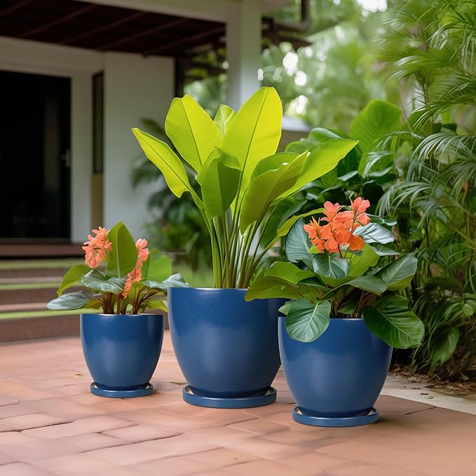 Ceramic Planters Set of 3 - Round Modren 10 Inch 8 Inch 6 Inch Plant Pots with Drainage Holes and Saucers, Flower Pots for Indoor Outdoor, Home Apartment Decor, Plant Lover Gifts, Blue