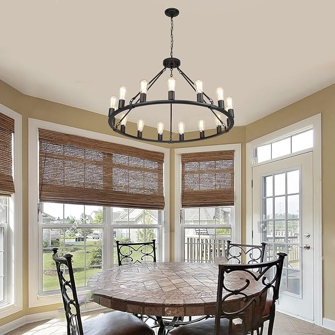 Wagon Wheel Chandelier, 15 Light Black Farmhouse Chandeliers for Dining Room, Dia 40'' Industrial Dining Room Light Fixture for Kitchen Island Living Room Foyer