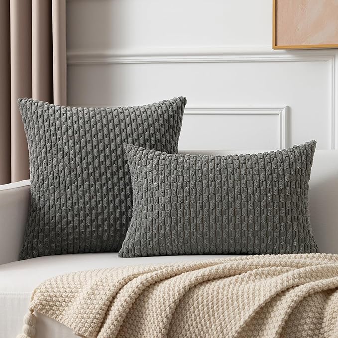 Kevin Textile Set of 2 Soft Striped Velvet Decorative Pillows Covers 16x16 Inch Boho Cushion Covers for Couch 40x40cm Dark Grey