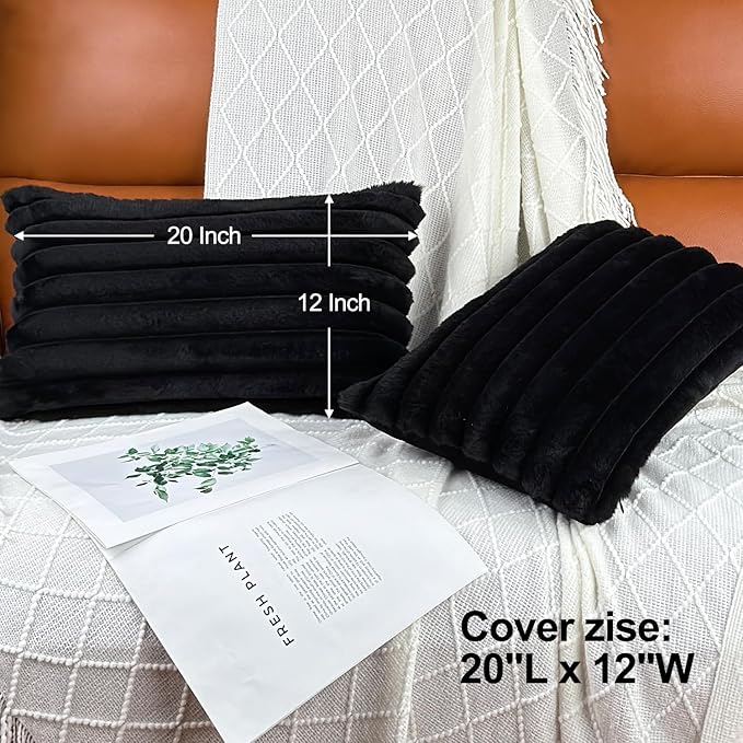 20" x 12" Black Throw Pillow Covers Pack of 2, Soft Fluffy Faux Fur Decorative Pillows for Couch, Bed Cover with Velvet Back for Living Room, Home Décor for Sofa (50cm x 30cm, No Inserts Included)