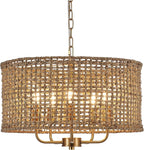 Hand-Woven Rattan Chandelier Vintage Farmhouse Boho Bamboo Golden Chandelier Light Fixture Retro 5-Lights Drum Wicker Gold Chandeliers for Dining Room, Kitchen Island, Living Room, Entryway