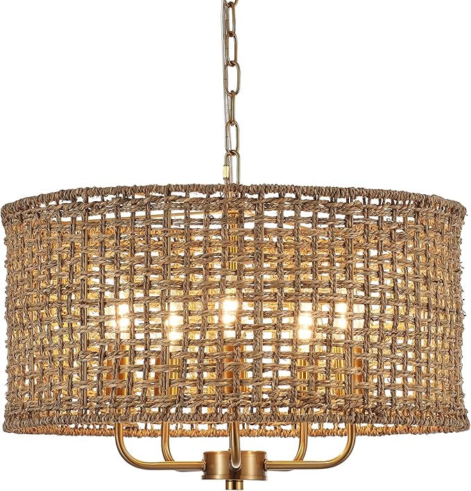 Hand-Woven Rattan Chandelier Vintage Farmhouse Boho Bamboo Golden Chandelier Light Fixture Retro 5-Lights Drum Wicker Gold Chandeliers for Dining Room, Kitchen Island, Living Room, Entryway