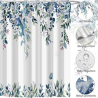 Eucalyptus Shower Curtain, Dark Blue Watercolor Leaves with Floral Botanical Bathroom Decor, Waterproof Fabric Bath Curtain Set with Hooks, 72x72 Inches