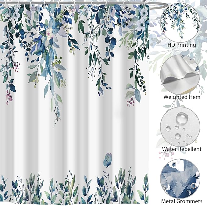 Eucalyptus Shower Curtain, Dark Blue Watercolor Leaves with Floral Botanical Bathroom Decor, Waterproof Fabric Bath Curtain Set with Hooks, 72x84 Inches