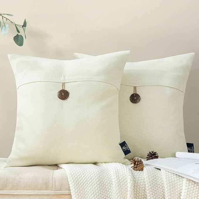 Phantoscope Pack of 2 Farmhouse Throw Pillow Covers Button Vintage Linen Decorative Pillow Cases for Couch Bed and Chair Off White 20 x 20 inches 50 x 50 cm