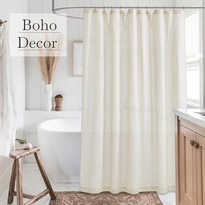 KGORGE Natural Linen Shower Curtain for Bathroom - Linen Blend Button Hole Semi Sheer Lightweight Waterproof Shower Curtains for Bathtub, 72 x 90 inches Long, Hooks Included