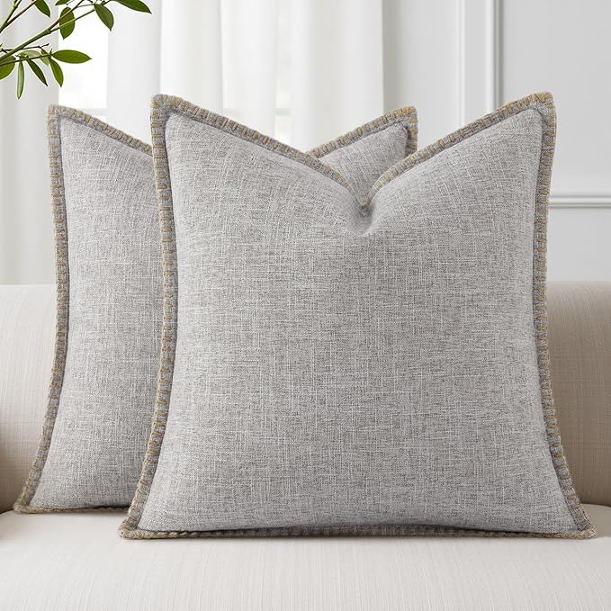 decorUhome Decorative Outdoor Throw Pillow Covers 18x18 Set of 2, Square Linen Rustic Neutral Farmhouse Euro Pillow Covers with Stitched Edge for Couch, Sofa, Living Room, Light Grey