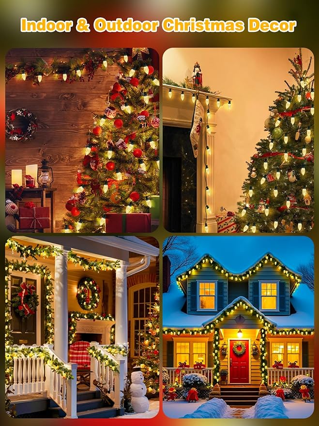 2 Pack 66FT 100LED Extendable C9 Christmas Lights Outdoor/Indoor, Waterproof Christmas String Lights Plug in, Green Wire LED Fairy Lights for Xmas Tree Garden Patio Wedding Party Decor (Warm White )