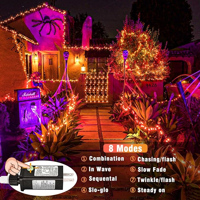 Vivideal 100 LED Orange Halloween Lights Outdoor Waterproof 33ft Halloween String Lights Indoor 8 Modes Clear Wire, Plug in Orange String Light for Xmars Tree Bedroom Thanksgiving Decorations