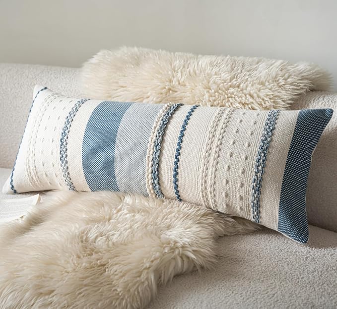 Boho Lumbar Pillow Covers 14x36 Inch Long, Blue Textured Decorative Couch Pillow Cases for Farmhouse Home Decor, Accent Cushion Cover for Sofa, Bed, Living Room, Bedroom, Pack of 1