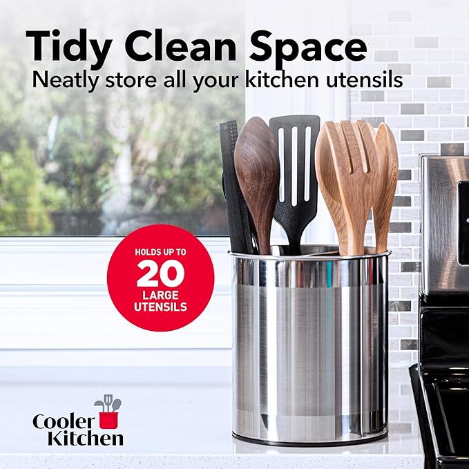 Cooler Kitchen Rotating Extra Large Stainless Steel Utensil Holder Caddy with Sturdy No-Tip Weighted Base, Removable Divider, and Gripped Insert Bottom -Dishwasher Safe Metal Cooking Utensil Holderâ