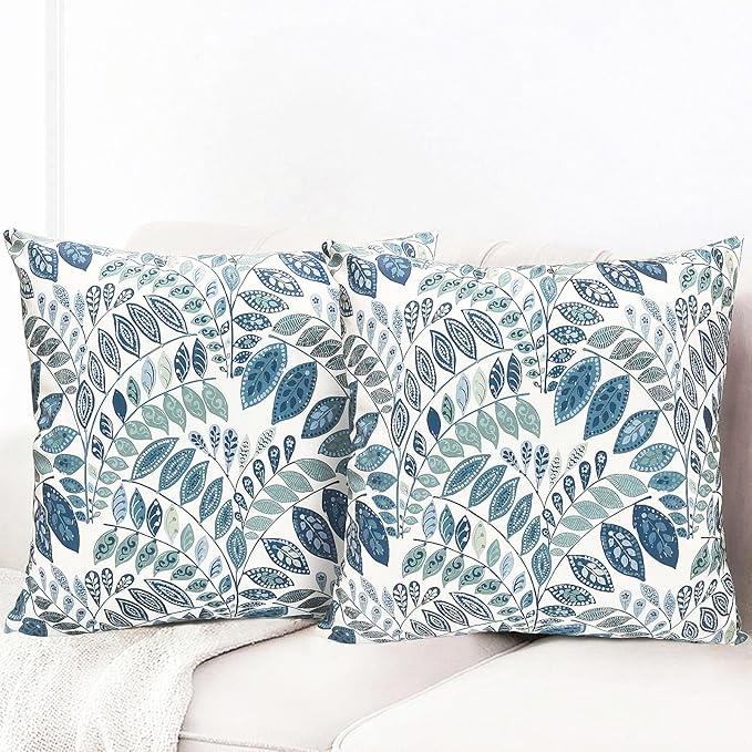 Decorative Throw Pillow Covers Set of 2 Blue Green Small Leaves Pillow Covers 20x20 inch Soft Short Plush Square Floral Throw Pillows,Farmhouse Outdoor Pillow Covers for Couch Living Room