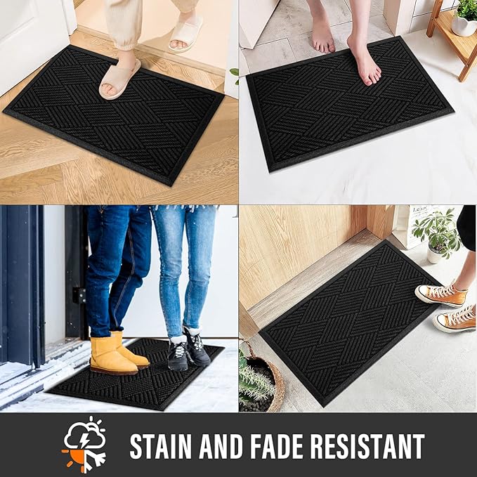 Durable Front Door Mat, Absorbent Muddy Dirt Resist Welcome Door Mats Outdoor Indoor, Stain and Fade Resistant, Non-Slip Rubber Backing Low Profile Doormat for Entryway, 30×17, Black
