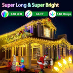 66FT 670 LED Christmas Lights 148 Ice Drops, 12 Modes and Timer Memory Dimmable, Outdoor Waterproof Hanging String Light for Xmas Holiday Wedding Garden Fence House Tree Outside Decor (Warm White)