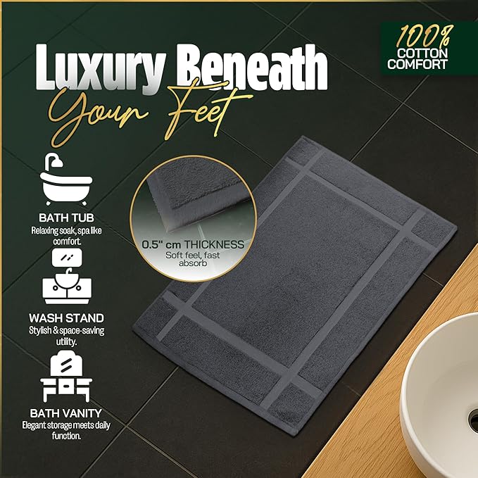 Pearl Linens Pack of 2 Washable Cotton Bath Mat 20x30 - Soft & Absorbent Quick Dry Bathroom Mat Set, Not Bathroom Rugs After Shower Mat, Terry Bath Tub Mat, 687 GSM Dark Grey