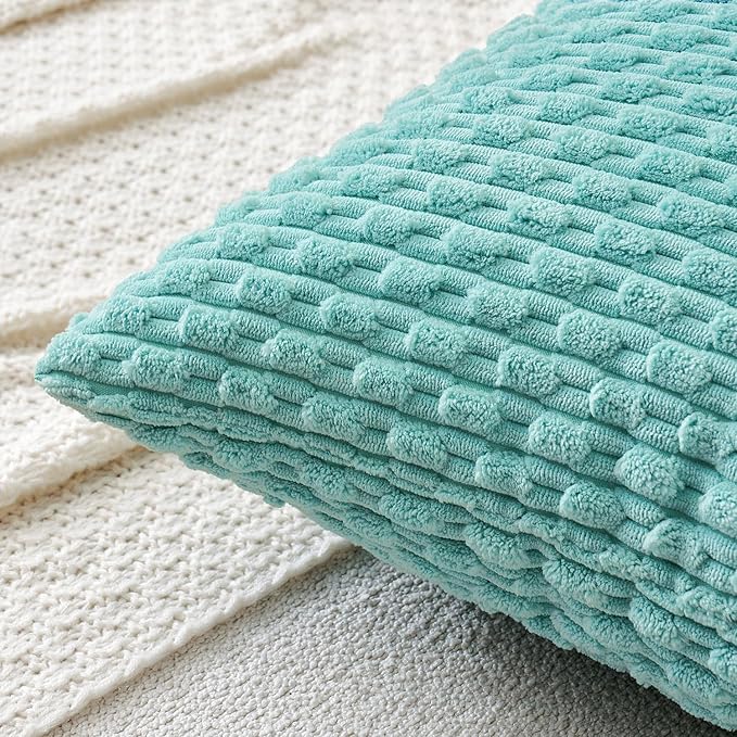 MIULEE Pack of 2 Decorative Lumbar Throw Pillow Covers 12x20 Inch Soft Boho Striped Textured Corduroy Pillow Covers Modern Farmhouse Home Decor for Couch Bed Sofa Living Room Aqua Green