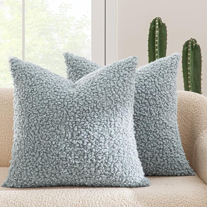 MIULEE Pack of 2 Throw Pillow Covers 18x18 Inch Light Blue Faux Fur Decorative Sherpa Pillow Covers Fuzzy Accent Soft Sheepskin Fleece Cushion Cases for Boho Home Decor Couch Living Room Bed