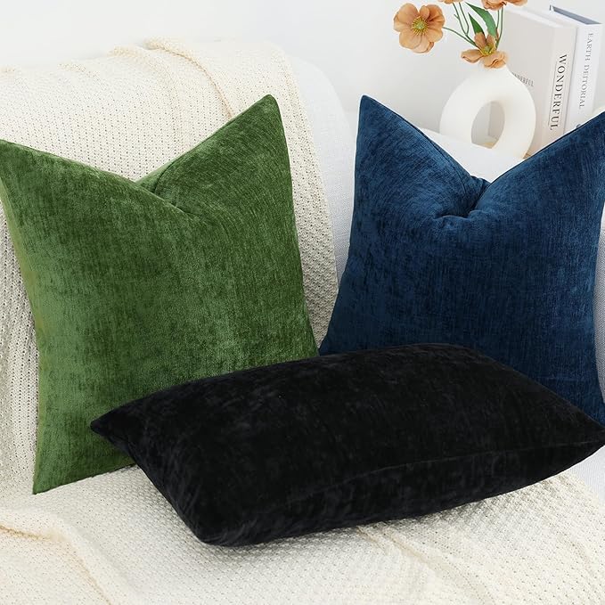 decorUhome Chenille Black Throw Pillow Covers 22x22 Inch Set of 2, Decorative Soft Couch Pillow Covers Solid Dyed Accent Velvet Farmhouse Neutral Square Pillow Cases for Sofa Bed Living Room
