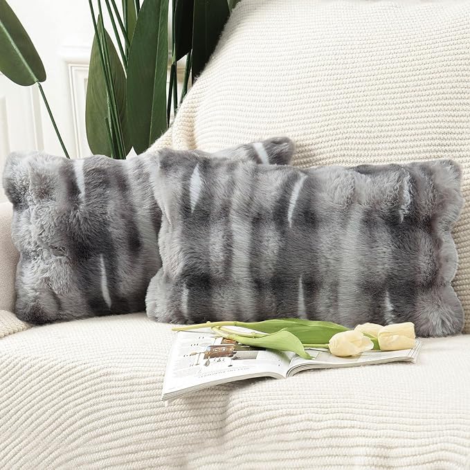 MADIZZ Pack of 2 Thick Plush Wool Throw Pillow Covers 12x20 Inch Dark Grey Soft Neutral Decorative Throw Pillows Accent Boho Cushion Covers for Couch Sofa Bedroom Pillow Shell