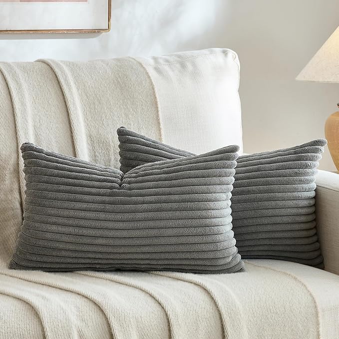 Fancy Homi Set of 2 Dark Gray Boho Small Lumbar Decorative Throw Pillow Cover 12x20 Inch for Couch Bed Chair, Aesthetic Modern Bohemian Room Decor, Soft Fluffy Corduroy Rectangle Cushion Case 30x50cm