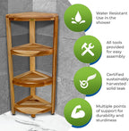 EcoDecors Corner Snazzy Corner Four Tier Natural Color Shelf Waterproof Teak Wood Shower Bench Stool Seat Chair For Inside Shower Provides Safety, Storage, and Organization For Bathroom Accessories