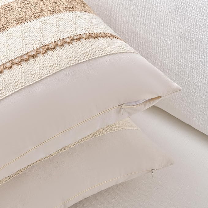 Fancy Homi Set of 2 Boho Neutral Decorative Throw Pillow Cover 22x22 Inch for Couch Bed Sofa, Aesthetic Modern Organic Farmhouse Home Decor, Soft Cotton Cute Accent Macrame Woven Tan Cushion Case