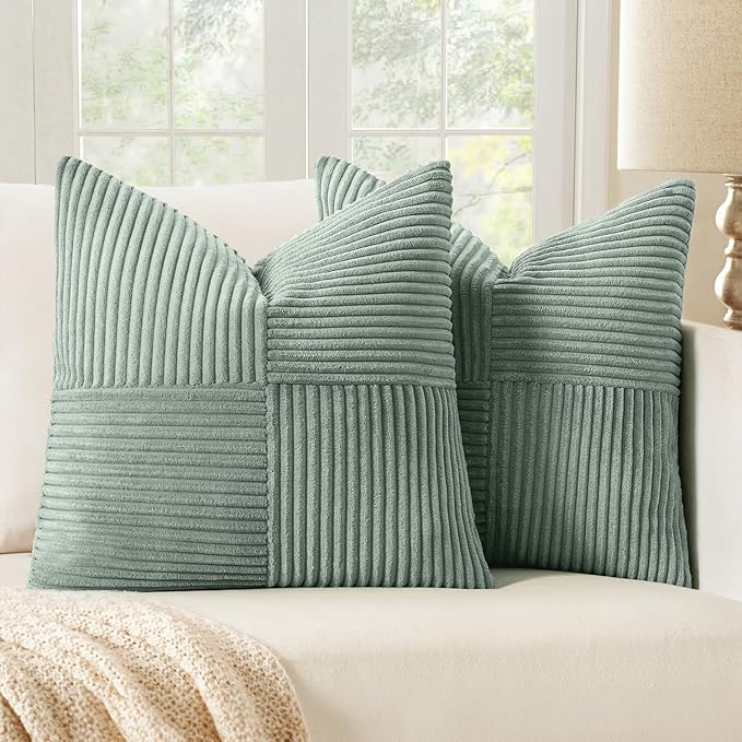 MIULEE Greyish Green Corduroy Pillow Covers Pack of 2 Boho Decorative Spliced Throw Pillow Covers Soft Solid Couch Pillowcases Cross Patchwork Textured Covers for Living Room Bed Sofa 18x18 inch