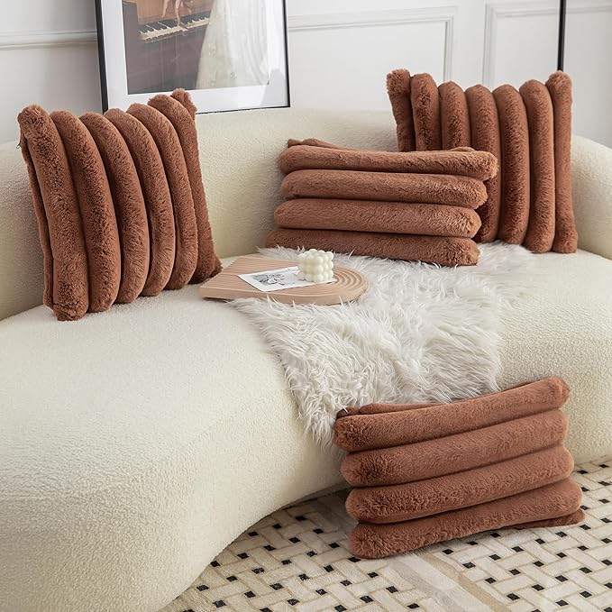 Neelvin Brown Faux Fur Cozy Soft Stripe Decorative Throw Pillow Covers 12x20 inch Set of 2,Velvet Pillowcase Cushion Case for Sofa Couch