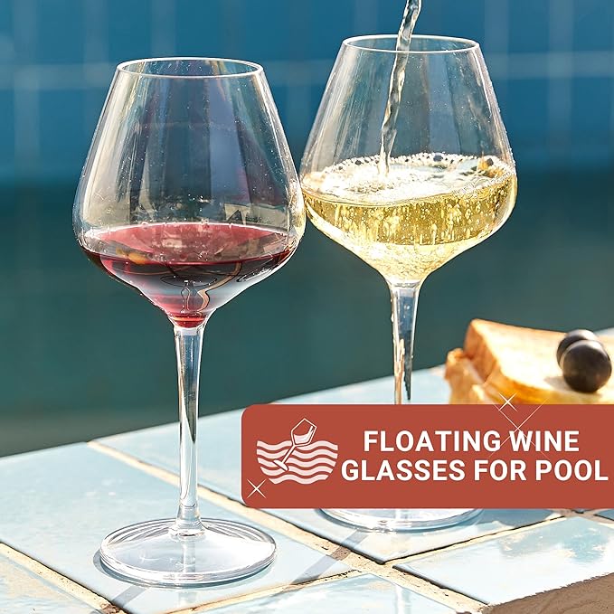 Tritan-Plastic Floating Red Wine Glasses for Pool Set of 2, 18 oz Holiday Drinkware Durable Wine Glasses with Long Stem, Ideal for Home, Party, Wedding, Beach