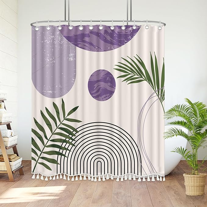 Boho Mid Century Leaf Shower Curtain Set,Arch Sun Design,Minimalistic Leaves Pattern,Waterproof and Luxurious Fabric-12 Hooks(Purple-72" x 72")