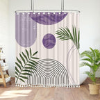 Boho Mid Century Leaf Shower Curtain Set,Arch Sun Design,Minimalistic Leaves Pattern,Waterproof and Luxurious Fabric-12 Hooks(Purple-72" x 72")