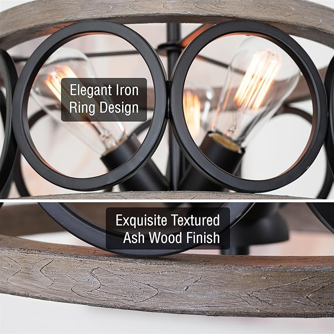 Kira Home Larkin 15" 3-Light Modern Farmhouse Semi-Flush Mount Ceiling Light, Metal Drum Shade, Weathered Ash Wood Finish + Black Finish