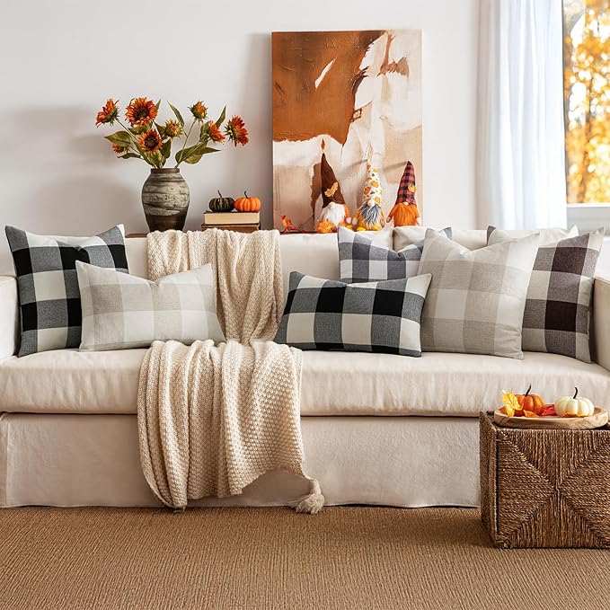 MIULEE Pack of 2 Halloween Classic Farmhouse Buffalo Check Plaids Linen Soft Solid Decorative Square Throw Pillow Covers Black and White Home Decor Outdoor Cushion Case for Sofa Bedroom 20 x 20 Inch