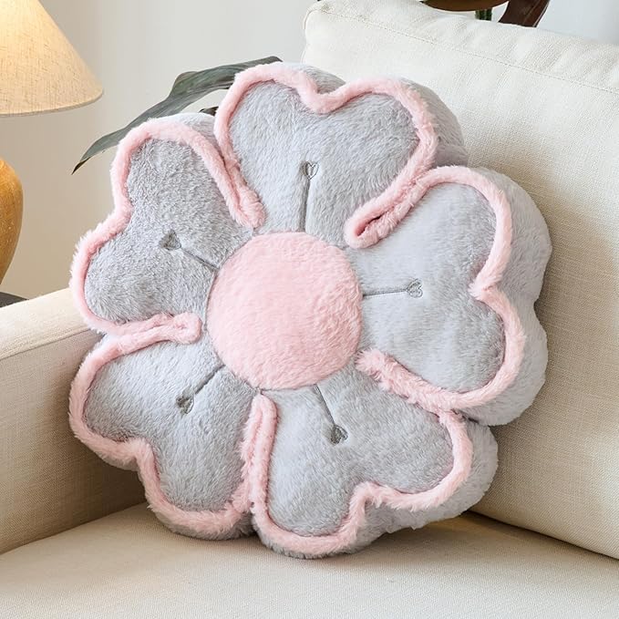 Flower Shaped Decorative Throw Pillow Cushion for Bed Couch, Cute Flower Plush Throw Pillows Home Decor Floor Pillow Seating Cushions (Grey, 13.7 Inches)
