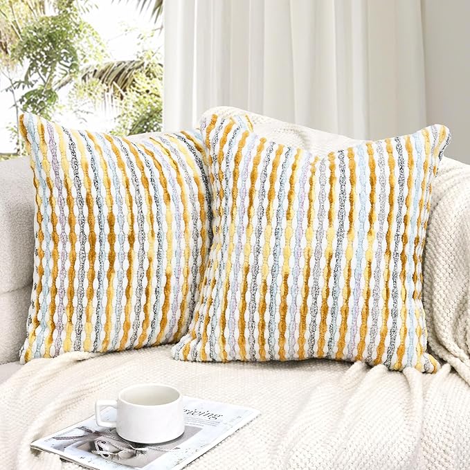 Boho Decorative Throw Pillow Covers 18x18 Inch, Chenille Tufted Pillow Cover Striped Textured Square Farmhouse Accent Pillowcase for Couch Sofa Bedroom Living Room, Yellow White Stripe 2 Pack