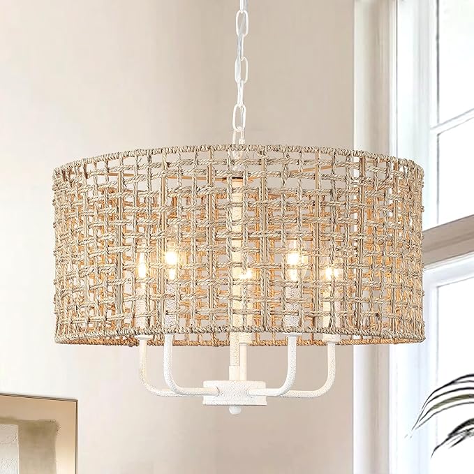 Rattan Chandelier 5-Light Farmhouse Boho Pendant Light Fixture for Dining Room Brown and White Woven Chandeliers for Ceiling Light,Bedroom,Living Room,Foyer,Kitchen Island,Coastal,Stairway,Hallway