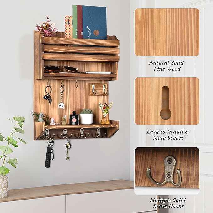 Key Holder, Wall Mounted Mail Organizer, Keys Holder on Wall with 9 Key Hooks, Light Brown