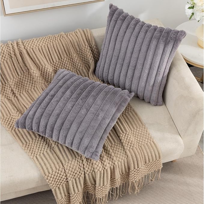 ZLINA Set of 2 Dark Grey Faux Fur Decorative Throw Pillow Covers Fluffy Striped Pillowcase Cushion Covers 18 x 18 Inch Decor Sofa Couch Bedroom