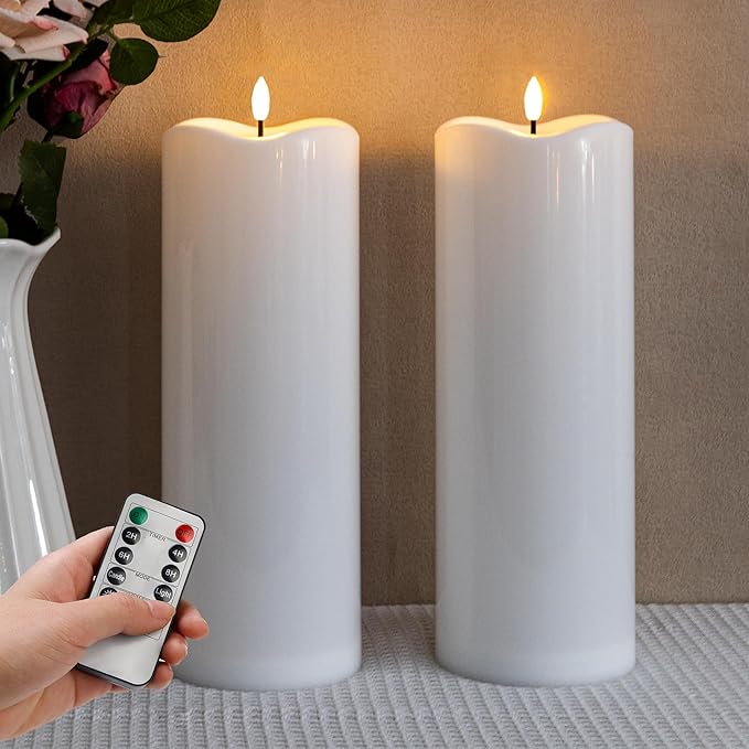 2pack 4"*12" Large Waterproof LED Battary Operated Candles with Remote, Flickering Pillar Electric Flameless Candles for Christmas, Outdoor Larterns,White